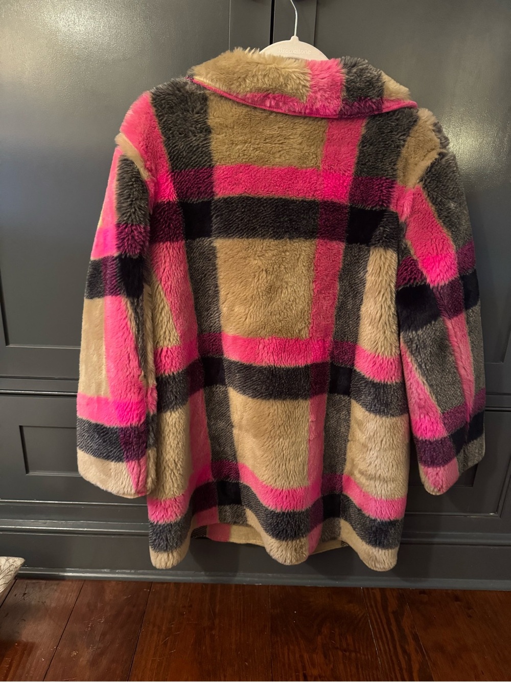Anthropologie Hooded Plaid Teddy Coat in Pink, Tan & Gray - Picture 4 of 5
